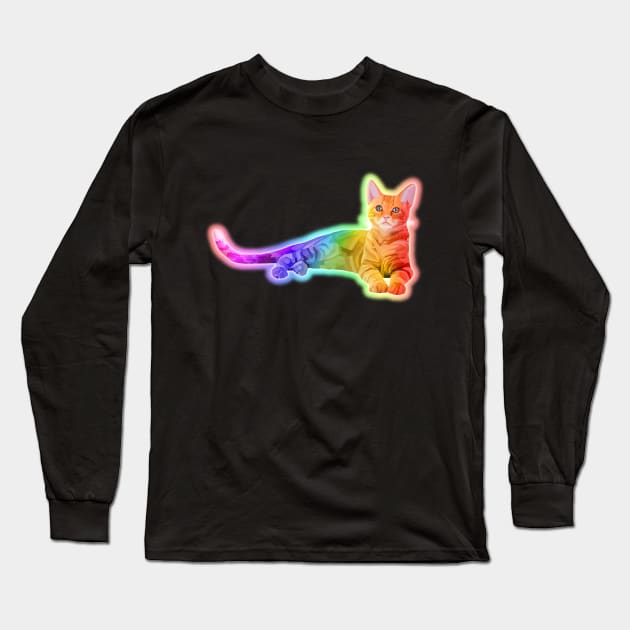 Neon Rainbow Glowing Kitten Long Sleeve T-Shirt by Art by Deborah Camp